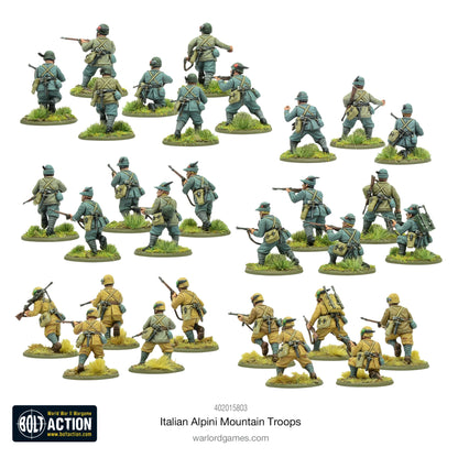 Italian Alpini Mountain Troops - Bolt Action 28mm - widok z tyłu: 30 żołnierzy z plecakami górskimi, skrzyżowanymi pasami, czapki alpejskie z kruczymi piórami Le Penne Nere, 3 grupy w różnych mundurach, karabiny Carcano - detale wyposażenia górskiego - skala 1/56 - Warlord Games