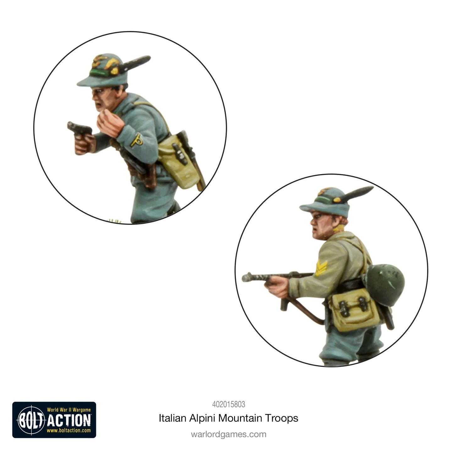 Italian Alpini Mountain Troops - Bolt Action 28mm - zbliżenia detali: oficer z pistoletem Beretta i plecakiem górskim, żołnierz z karabinem Carcano i hełmem stalowym - czapki alpejskie z charakterystycznymi kruczymi piórami, skrzyżowane pasy, wyposażenie górskie - skala 1/56 - Warlord Games