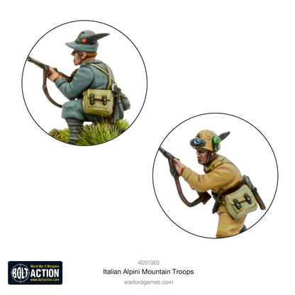 Italian Alpini Mountain Troops - Bolt Action 28mm - zbliżenia detali: żołnierz w mundurze grigio-verde z czapką alpejską z kruczo-czarnym piórem i plecakiem górskim, żołnierz w mundurze khaki z goglami na czapce alpejskiej - karabiny Carcano - skala 1/56 - Warlord Games