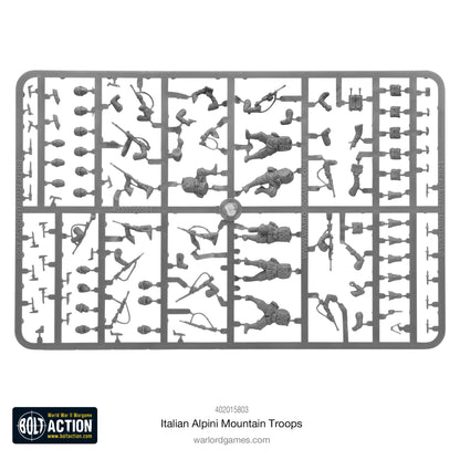 Italian Alpini Mountain Troops - Bolt Action 28mm - wypraski plastikowe: korpusy, głowy z czapkami alpejskimi i kruczymi piórami, ręce, karabiny Carcano, Beretta, Breda M30, plecaki górskie, pasy, wyposażenie - 30 figurek w częściach - Warlord Games