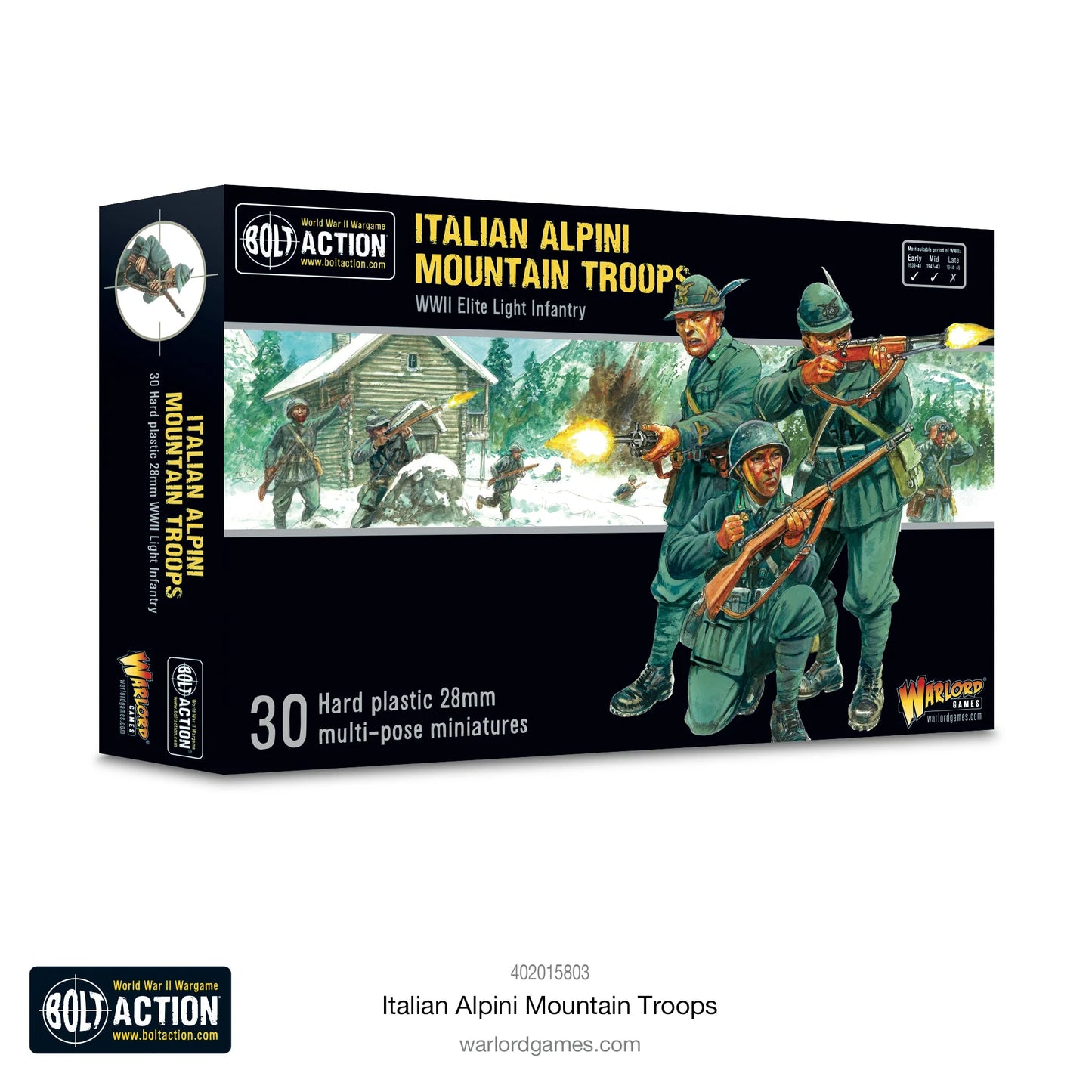 Italian Alpini Mountain Troops - Bolt Action 28mm - opakowanie produktu z dramatyczną ilustacją: Alpini w mundurach grigio-verde z czapkami alpejskimi i kruczymi piórami Le Penne Nere walczący w śniegu z karabinami Carcano - WWII Elite Light Infantry - 30 plastikowych figurek multi-pose - Warlord Games