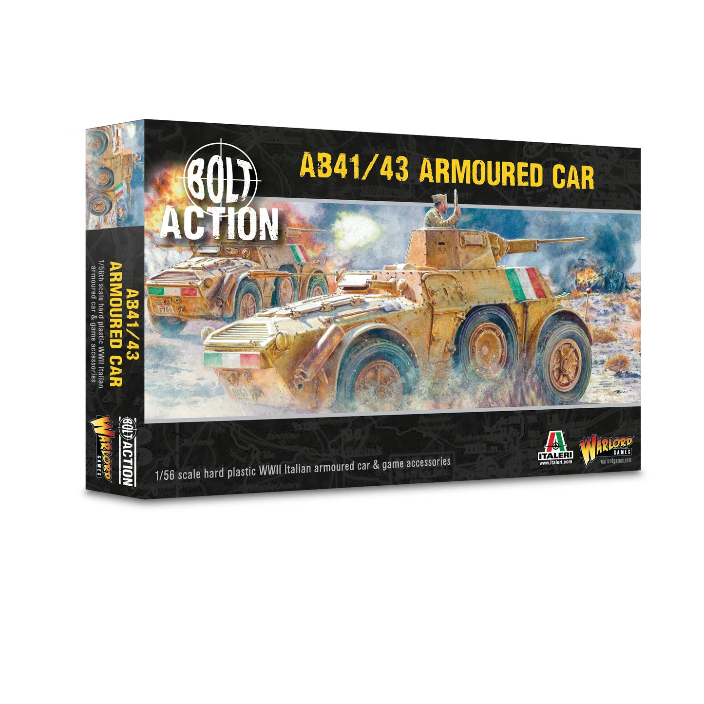 Autoblinda AB41/43 Armoured Car - Bolt Action 28mm - opakowanie produktu z dramatyczną ilustacją: dwa Autoblinda AB41/43 w kamuflaż pustynny z flagami włoskimi w walce na pustyni z eksplozjami i dymem - zawiera karta statystyk, kalkomanie, markery - 1/56 scale hard plastic WWII Italian armoured car - Warlord Games & Italeri