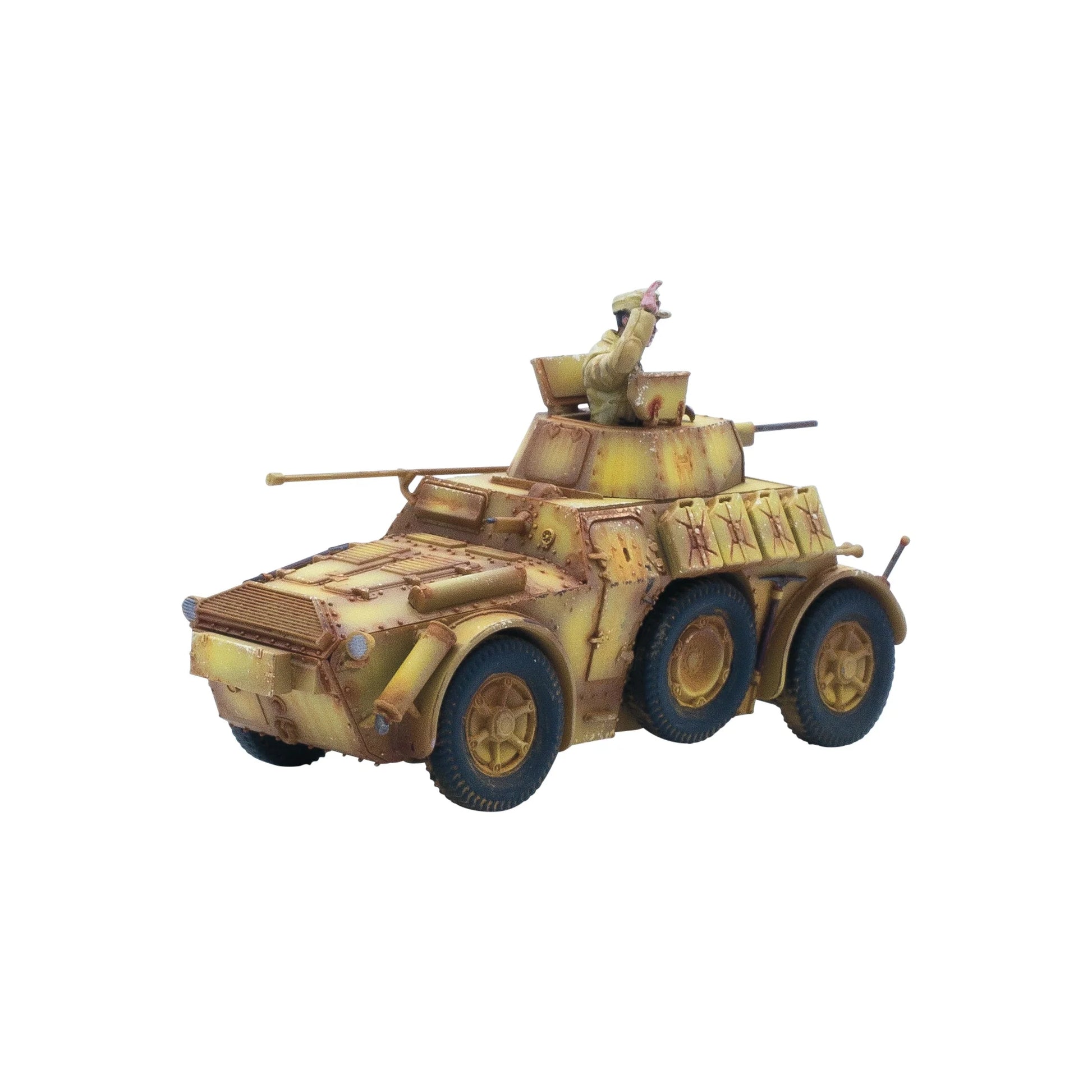 Autoblinda AB41/43 Armoured Car - Bolt Action 28mm - pomalowany model widok z przodu: dowódca w wieży z lornetką, lekkie działo automatyczne, kamuflaż trójkolorowy pustynny z efektami weatheringowymi, 4 koła z niebieskimi oponami, charakterystyczny kształt Autoblinda - skala 1/56 - Warlord Games