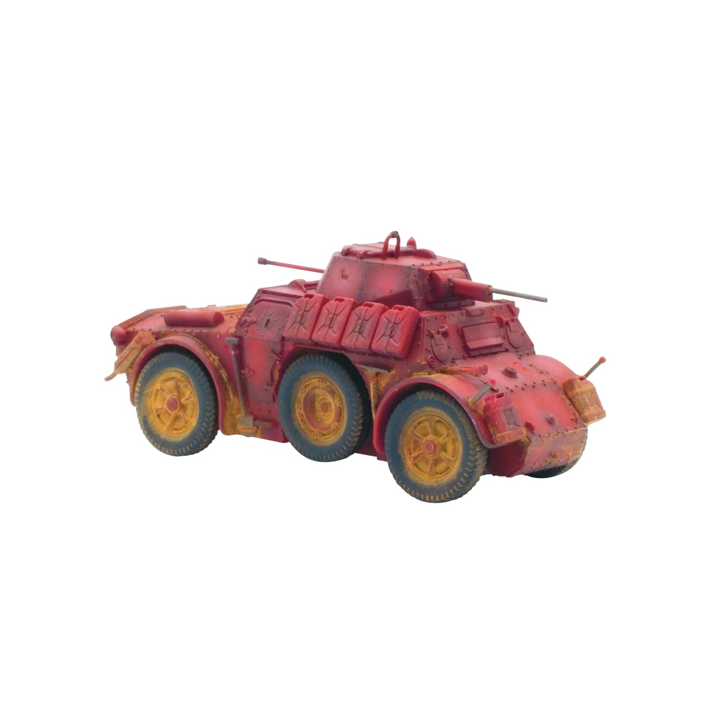 Autoblinda AB41/43 Armoured Car - Bolt Action 28mm - model podkładowany (primer) w kolorze czerwonym: widok z boku bez dowódcy, lekkie działo automatyczne, 4 koła z żółtymi felgami i niebieskimi oponami, pancerz nitowany - etap przed malowaniem - skala 1/56 - Warlord Games
