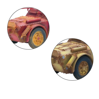 Autoblinda AB41/43 Armoured Car - Bolt Action 28mm - zbliżenia detali: górne zdjęcie pokazuje tylną część w kolorze czerwonym z kołem zapasowym i pancerzem nitowanym, dolne zdjęcie pokazuje przednią część w kamuflaż pustynny z reflektorem i pancerzem nitowanym - detale konstrukcji - Warlord Games