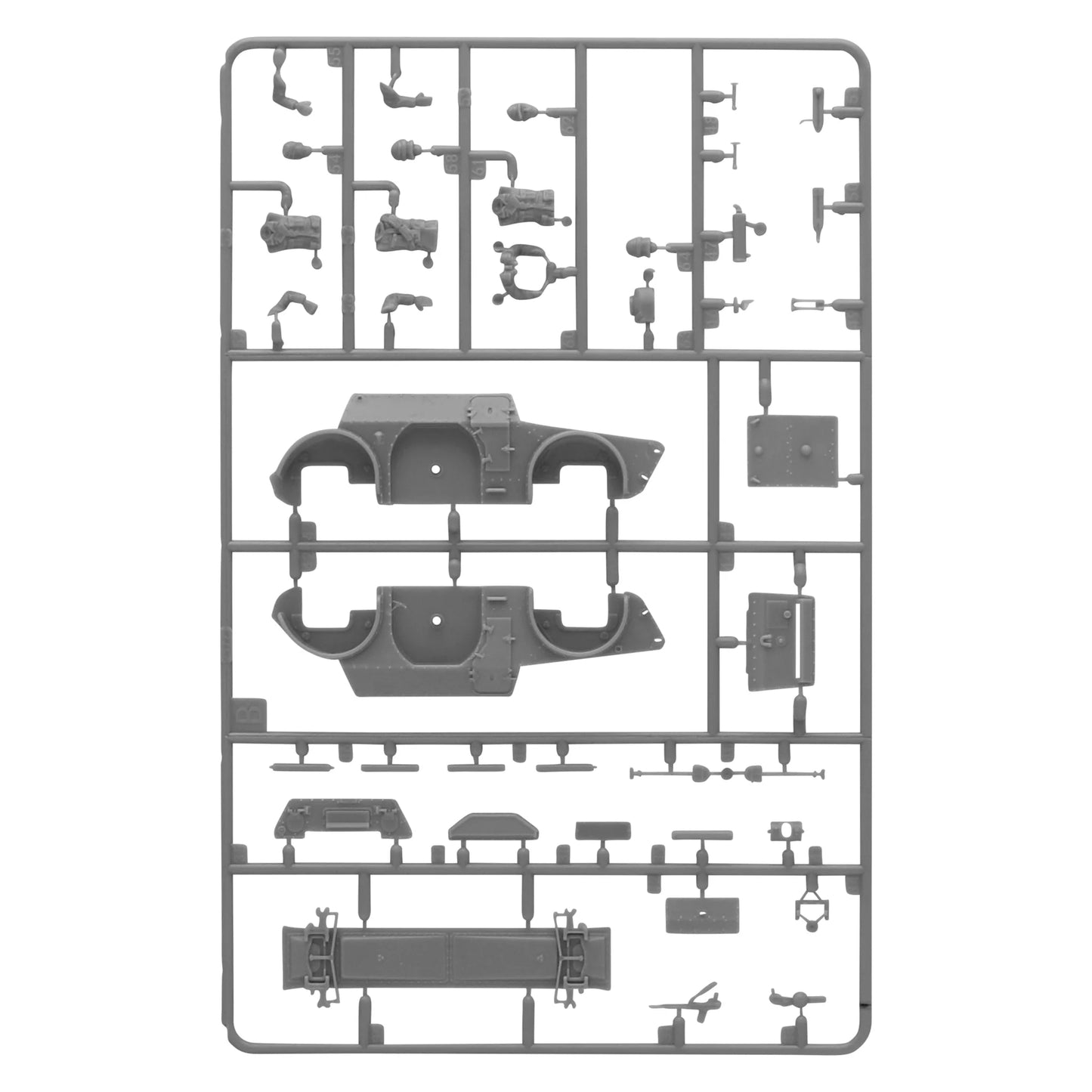 Autoblinda AB41/43 Armoured Car - Bolt Action 28mm - wypraski plastikowe 2: kadłub główny z otworami na koła (górna i dolna część), pancerz boczny, wieża, lekkie działo automatyczne, karabin maszynowy, dowódca, wyposażenie - części do montażu AB41 lub AB43 - Warlord Games