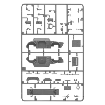 Autoblinda AB41/43 Armoured Car - Bolt Action 28mm - wypraski plastikowe 2: kadłub główny z otworami na koła (górna i dolna część), pancerz boczny, wieża, lekkie działo automatyczne, karabin maszynowy, dowódca, wyposażenie - części do montażu AB41 lub AB43 - Warlord Games