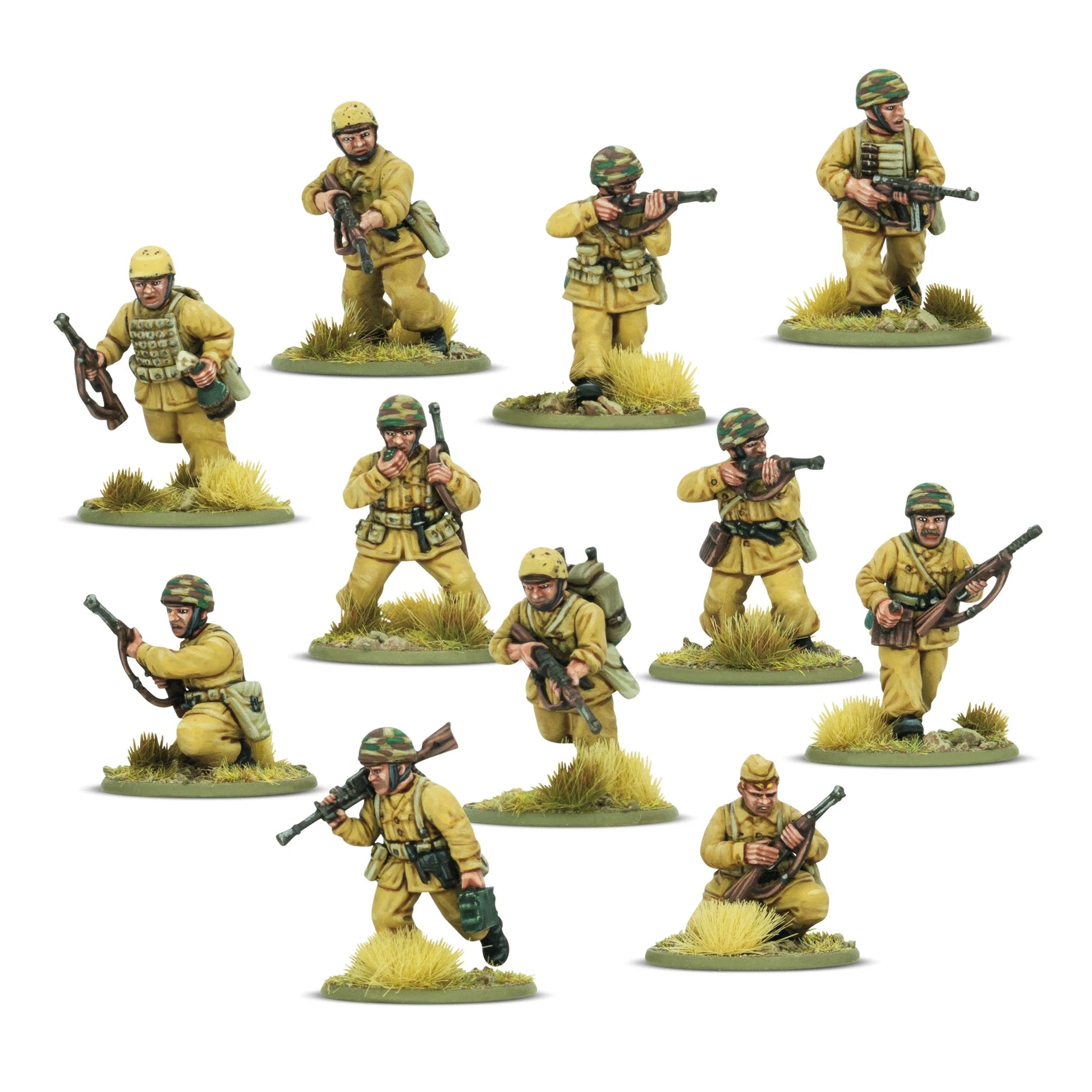 Włoscy Paracadutisti – 11 figurek od frontu: mundury khaki M41, hełmy i berety, Beretta M38 i Carcano, skala 28mm Bolt Action
