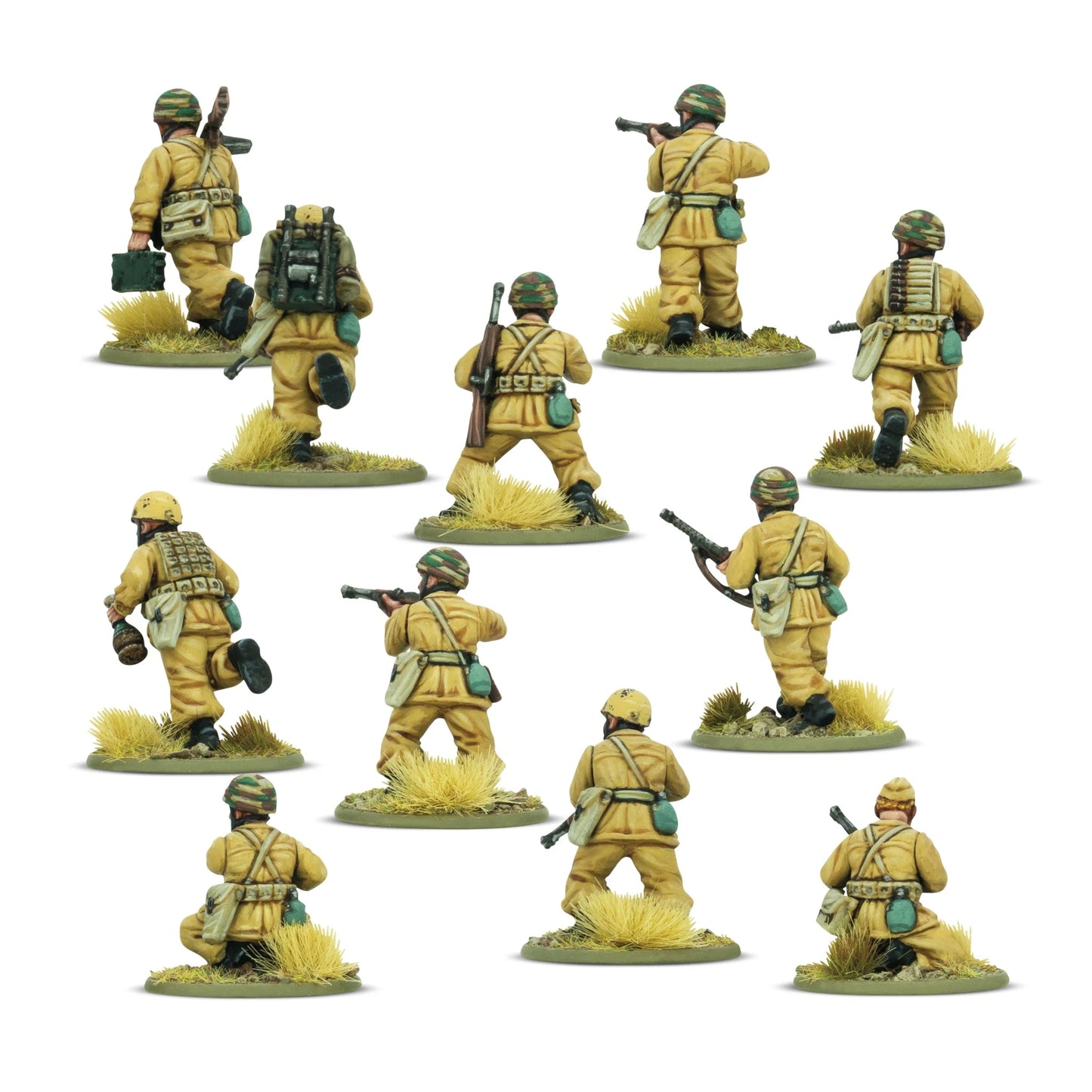 Włoscy Paracadutisti – 11 figurek od tyłu: detale plecaków, pasów i wyposażenia desantowego, skala 28mm Bolt Action
