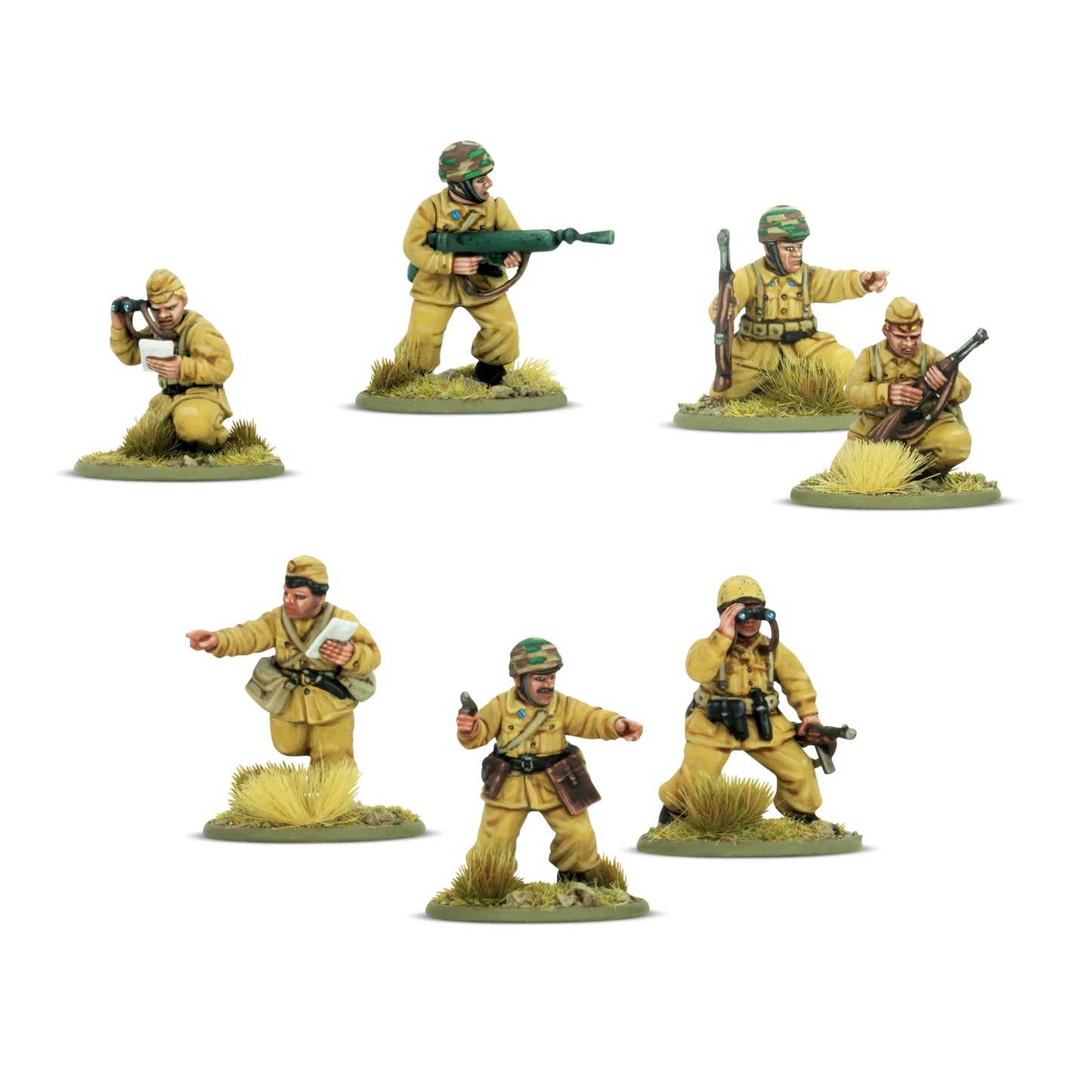 Paracadutisti – 7 figurek dowódców i obserwatorów w mundurach khaki M41: oficer z pistoletem, obserwator z lornetką, Lanciafiamme 41, skala 28mm
