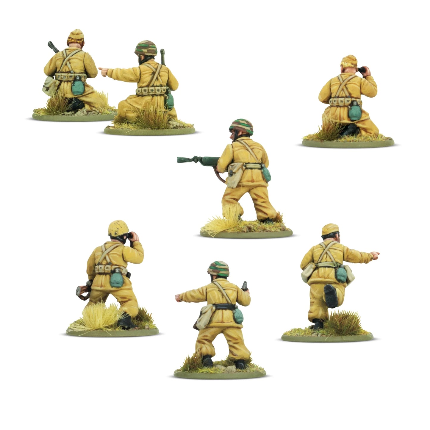 Paracadutisti – 7 figurek od tyłu: detale mundurów M41, szelek desantowych i wyposażenia, hełmy kamuflażowe, skala 28mm Bolt Action
