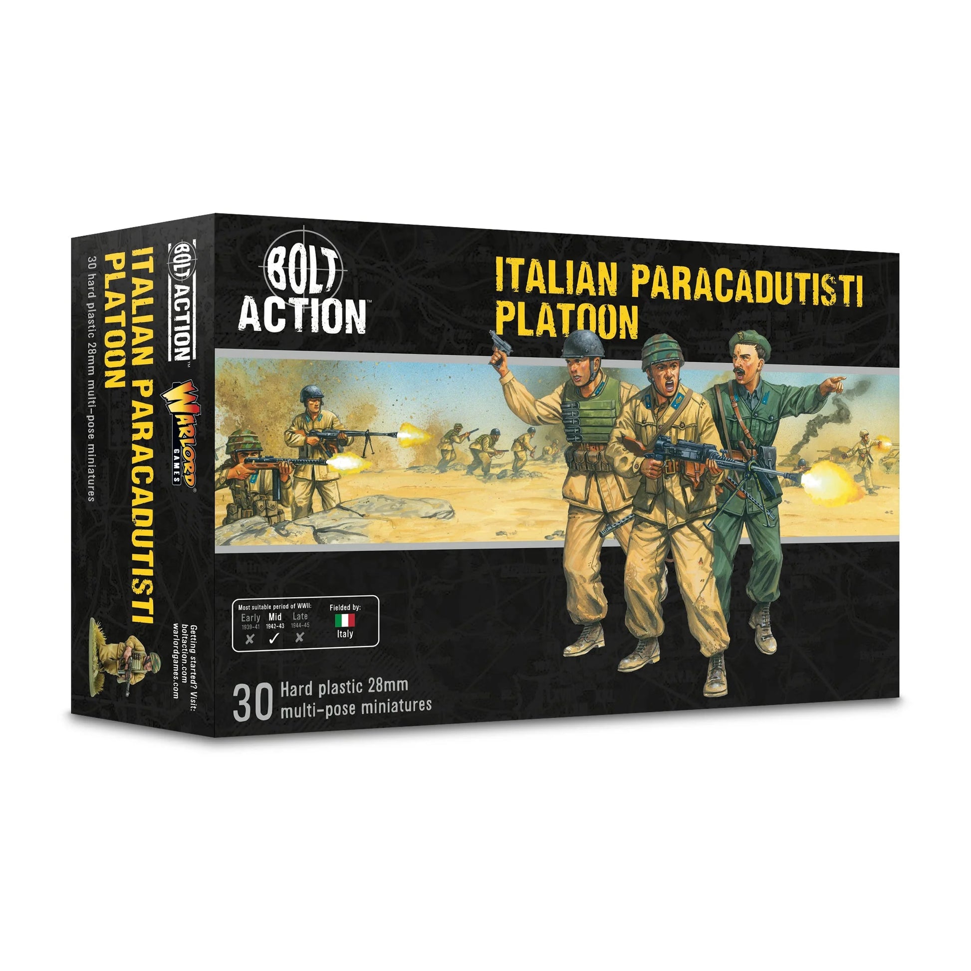 Italian Paracadutisti Platoon – pudełko zestawu Bolt Action: 30 plastikowych figurek 28mm, Warlord Games, okres Mid WWII 1942-43
