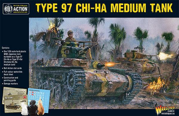 Type 97 Chi-Ha Medium Tank - Bolt Action 28mm - opakowanie produktu z dramatyczną ilustacją Chi-Ha w akcji bojowej w dżungli z palmami i ogniem - zestaw plastikowy z kalkomaniami i kartą statystyk - Warlord Games