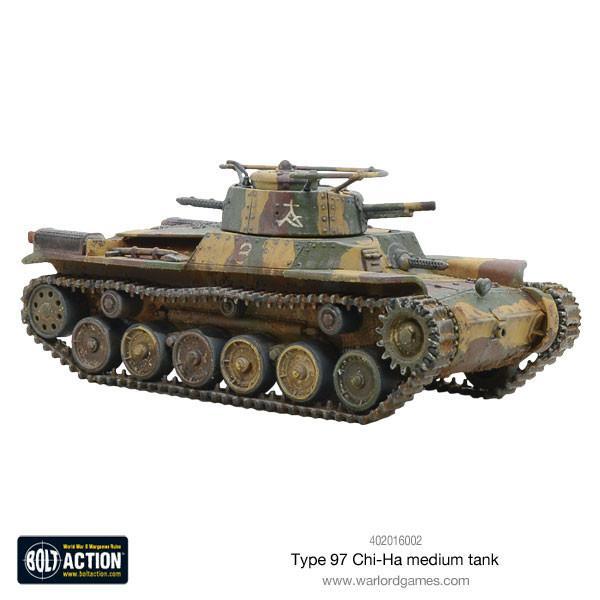 Type 97 Chi-Ha Medium Tank - Bolt Action 28mm - pomalowany model widok z boku: czołg w kamuflaż trójkolorowy (zielony, brązowy, khaki) z japońskimi znakami na wieży - gąsienice i detale pancerza - skala 1/56 - Warlord Games