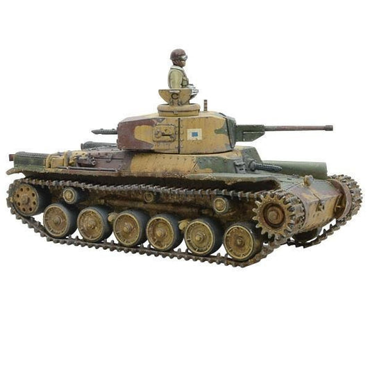 Type 97 Chi-Ha Medium Tank - Bolt Action 28mm - widok z prawej strony: dowódca w wieży, działo 47mm Shinhoto, kamuflaż trójkolorowy z japońskimi znakami, gąsienice i koła jezdne - skala 1/56 - Warlord Games
