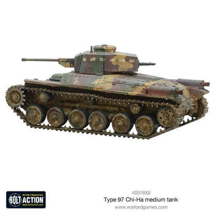 Type 97 Chi-Ha Medium Tank - Bolt Action 28mm - widok z lewej strony: czołg w kamuflaż cętkowany zielono-brązowy z japońskimi znakami, gąsienice, koła jezdne i działo - efekty weatheringowe - skala 1/56 - Warlord Games