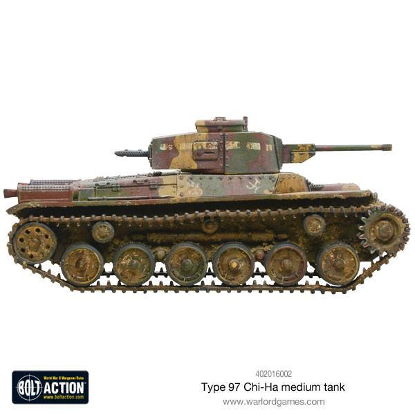 Type 97 Chi-Ha Medium Tank - Bolt Action 28mm - widok z prawej strony: czołg w kamuflaż trójkolorowy cętkowany z japońskimi znakami na wieży, działo 47mm, gąsienice i detale pancerza - skala 1/56 - Warlord Games