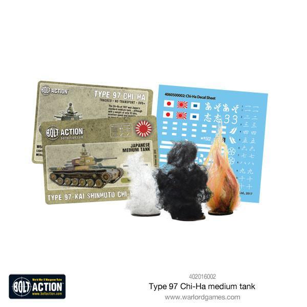 Type 97 Chi-Ha Medium Tank - Bolt Action 28mm - zawartość zestawu: 2 karty statystyk Bolt Action (Chi-Ha i Shinhoto), arkusz kalkomanii wodnych z flagami i znakami japońskimi, 2 markery uszkodzeń (dym i ogień) - Warlord Games