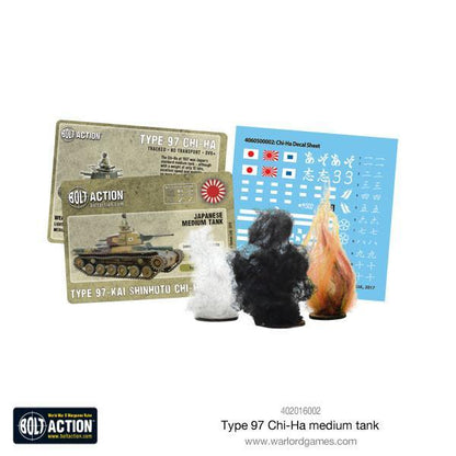 Type 97 Chi-Ha Medium Tank - Bolt Action 28mm - zawartość zestawu: 2 karty statystyk Bolt Action (Chi-Ha i Shinhoto), arkusz kalkomanii wodnych z flagami i znakami japońskimi, 2 markery uszkodzeń (dym i ogień) - Warlord Games