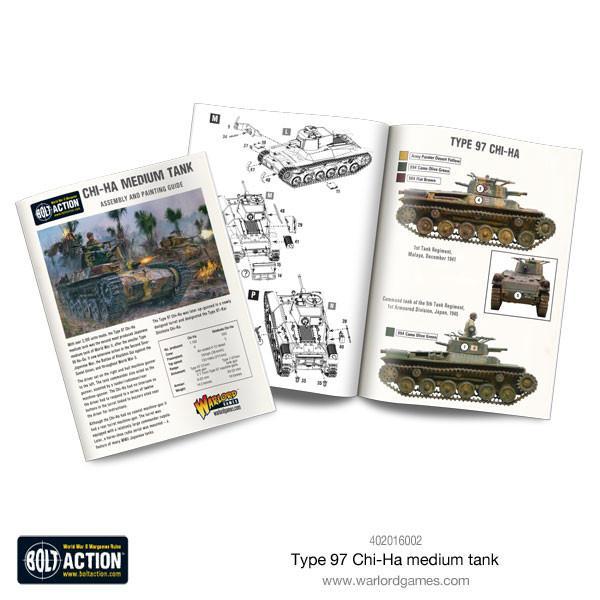 Type 97 Chi-Ha Medium Tank - Bolt Action 28mm - szczegółowa broszura instrukcji: okładka z czołgiem w dżungli, schemat montażu z numerowanymi częściami, schematy malowania 3 wariantów kamuflażu - przewodnik krok po kroku - Warlord Games