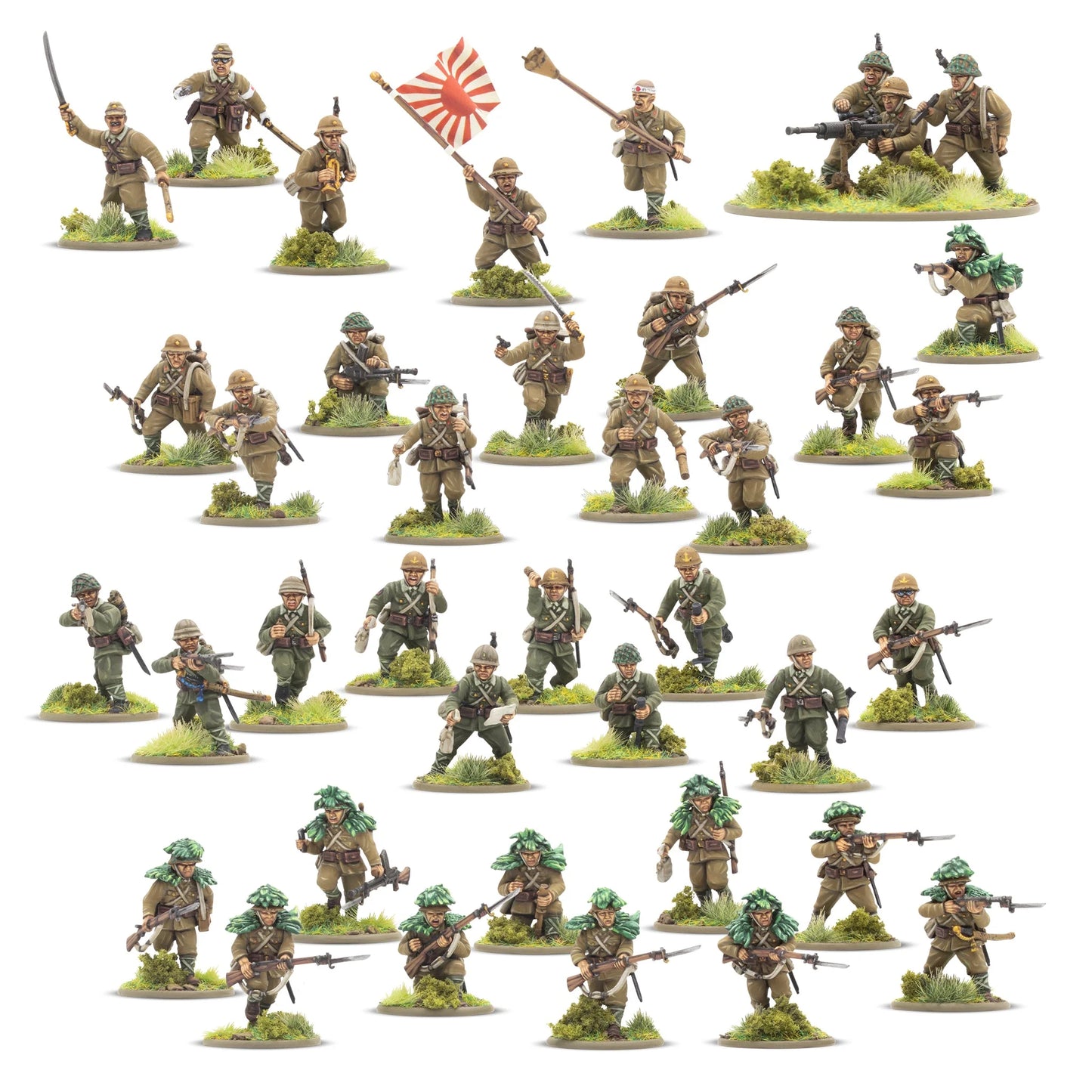 Japanese Army Infantry Platoon – 30 plastikowych figurek japońskiej piechoty 28mm: oficerowie, piechota z Arisaka, LMG, miotacz granatów, Bolt Action