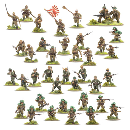 Japanese Army Infantry Platoon – 30 plastikowych figurek japońskiej piechoty 28mm: oficerowie, piechota z Arisaka, LMG, miotacz granatów, Bolt Action