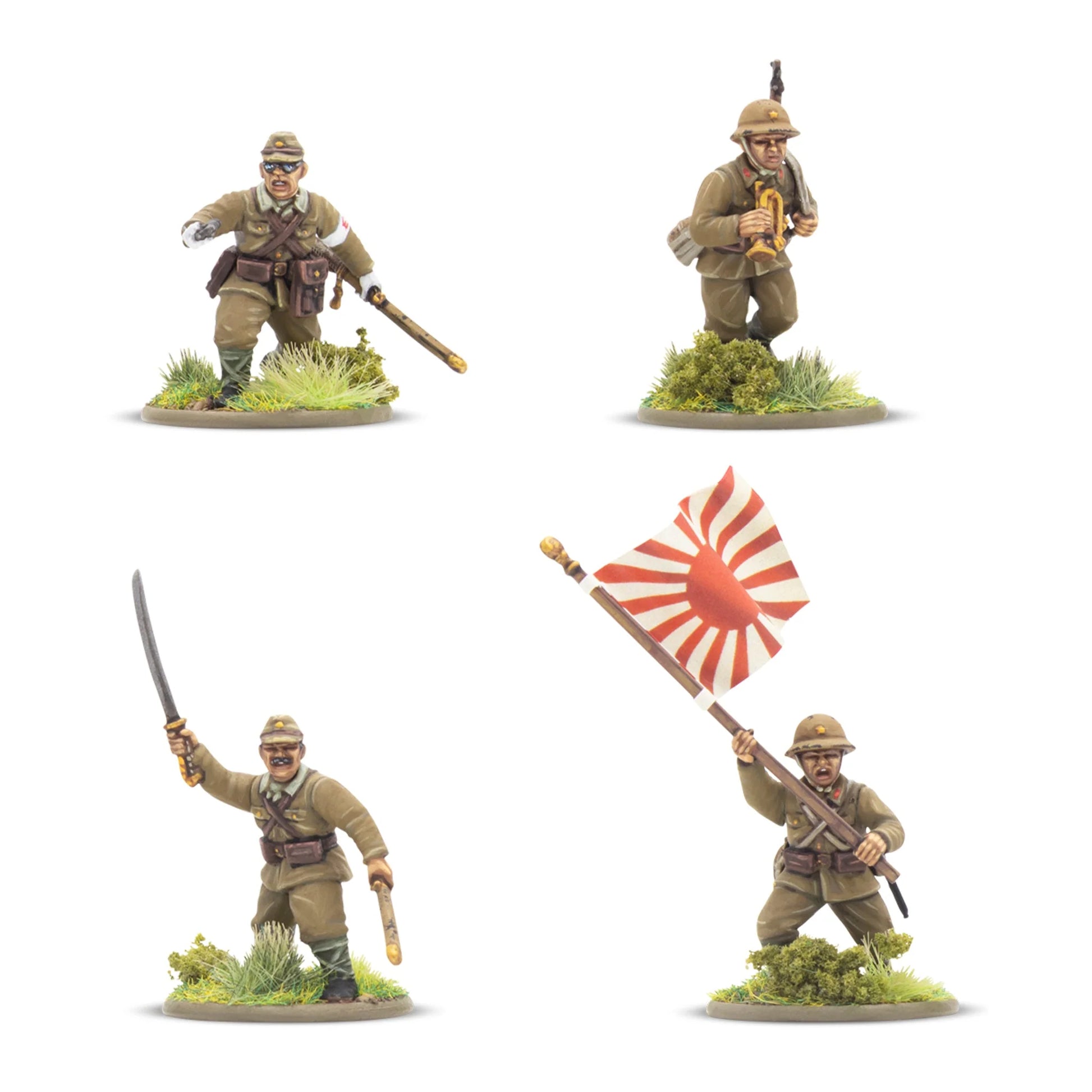 Japanese Army Infantry Platoon – 4 figurki dowódców: oficer z katana, sygnalista z rogiem, chorąży z flagą Wschodzącego Słońca, oficer z pistoletem, skala 28mm