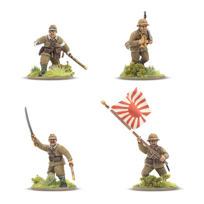 Japanese Army Infantry Platoon – 4 figurki dowódców: oficer z katana, sygnalista z rogiem, chorąży z flagą Wschodzącego Słońca, oficer z pistoletem, skala 28mm
