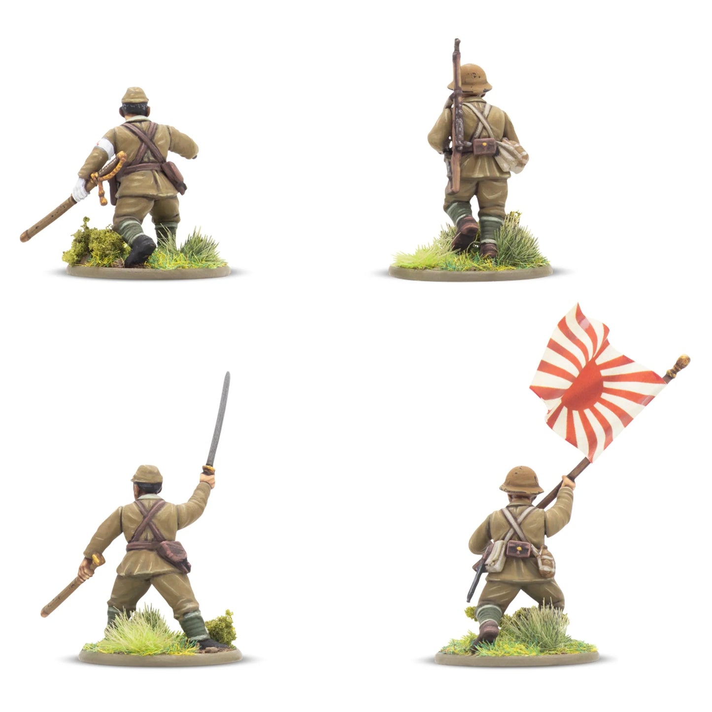 Japanese Army Infantry Platoon – widok z tyłu 4 figurek dowódców: detale ekwipunku, katana, flaga Wschodzącego Słońca, skala 1/56 28mm Bolt Action