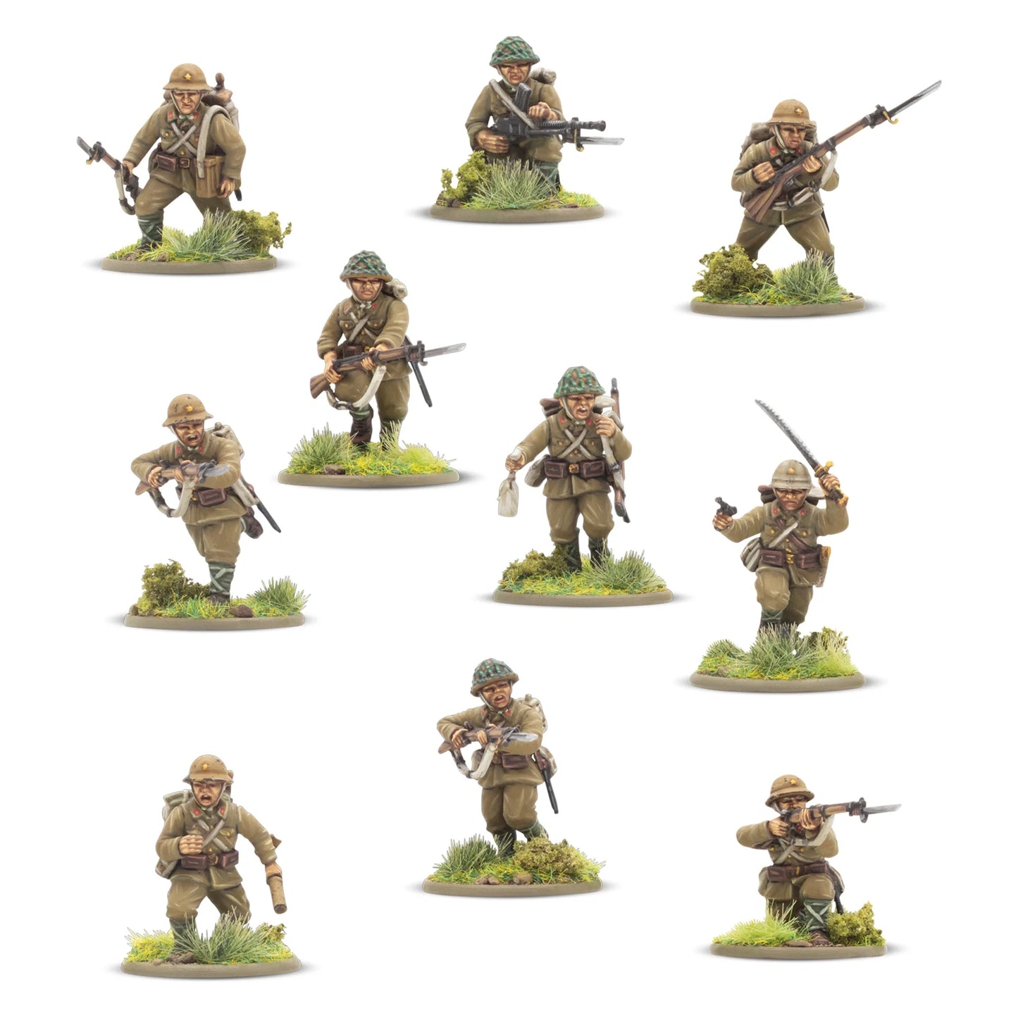 Japanese Army Infantry Platoon – 11 figurek japońskiej piechoty z przodu: miotacz ognia, LMG Type 99, karabiny Arisaka z bagnetem, oficer z pistoletem i kataną, skala 28mm