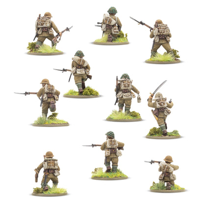 Japanese Army Infantry Platoon – 11 figurek japońskiej piechoty z tyłu: detale plecaków, ekwipunku polowego i uzbrojenia, skala 1/56 28mm Bolt Action
