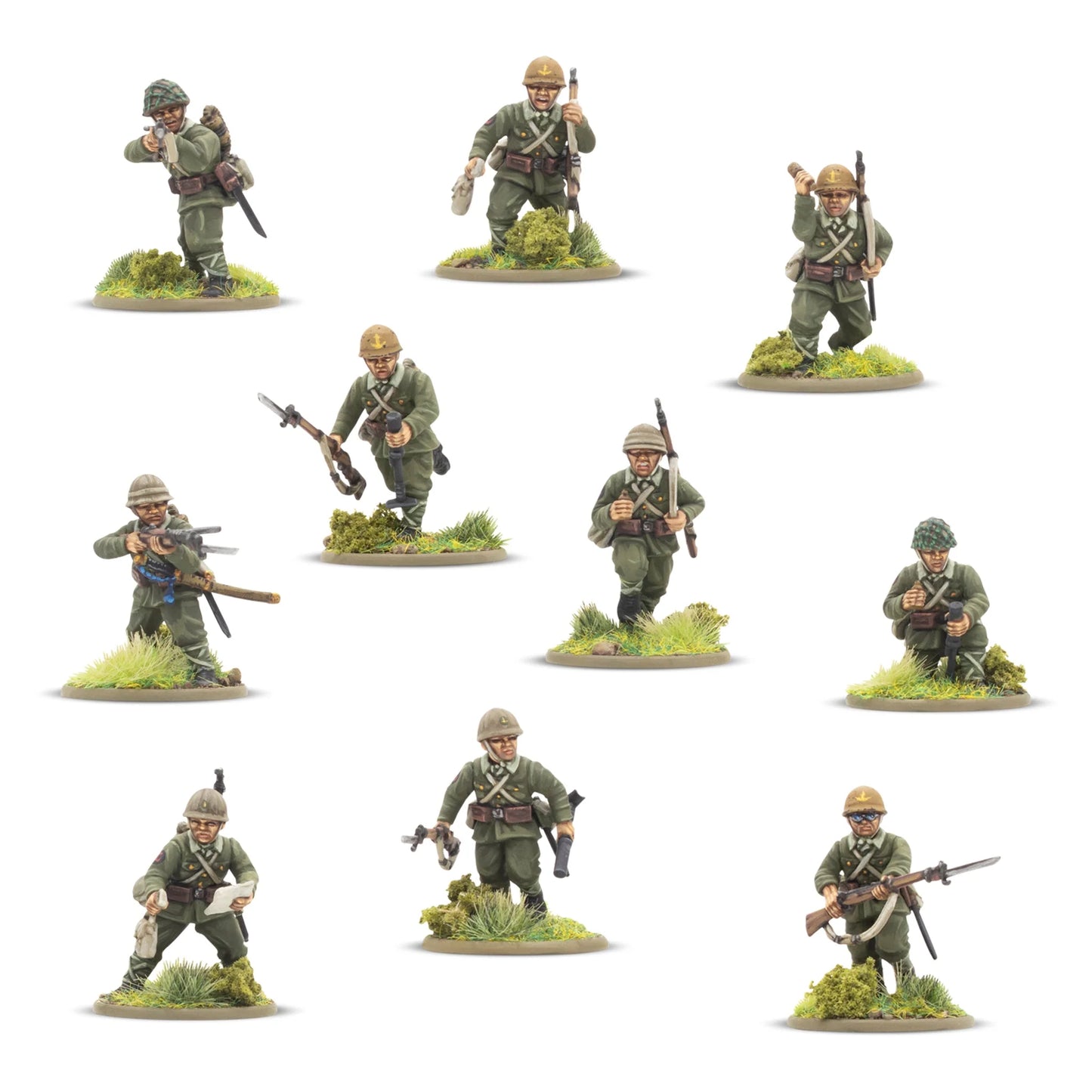 Japanese Army Infantry Platoon – 11 figurek IJA z przodu: oficer z pistoletem, grenadier z granatem, żołnierz z lunge mine, strzelec z Arisaka, LMG Type 99, skala 28mm
