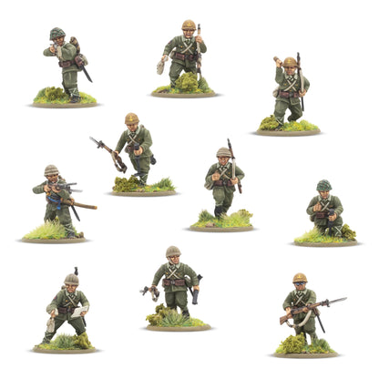 Japanese Army Infantry Platoon – 11 figurek IJA z przodu: oficer z pistoletem, grenadier z granatem, żołnierz z lunge mine, strzelec z Arisaka, LMG Type 99, skala 28mm
