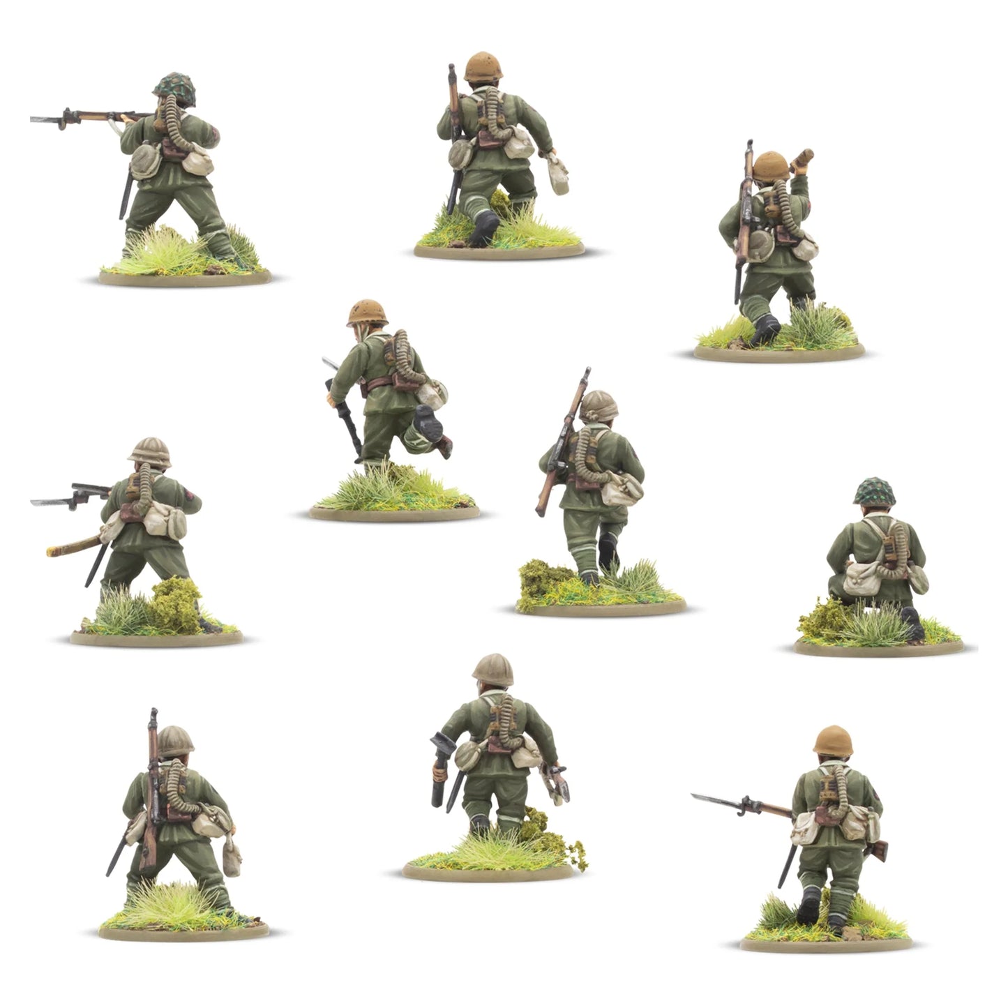 Japanese Army Infantry Platoon – 11 figurek IJA z tyłu: detale ekwipunku polowego, pas amunicyjny, manierka, plecak, skala 1/56 28mm Bolt Action
