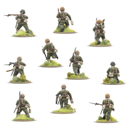 Japanese Army Infantry Platoon – 11 figurek IJA z tyłu: detale ekwipunku polowego, pas amunicyjny, manierka, plecak, skala 1/56 28mm Bolt Action
