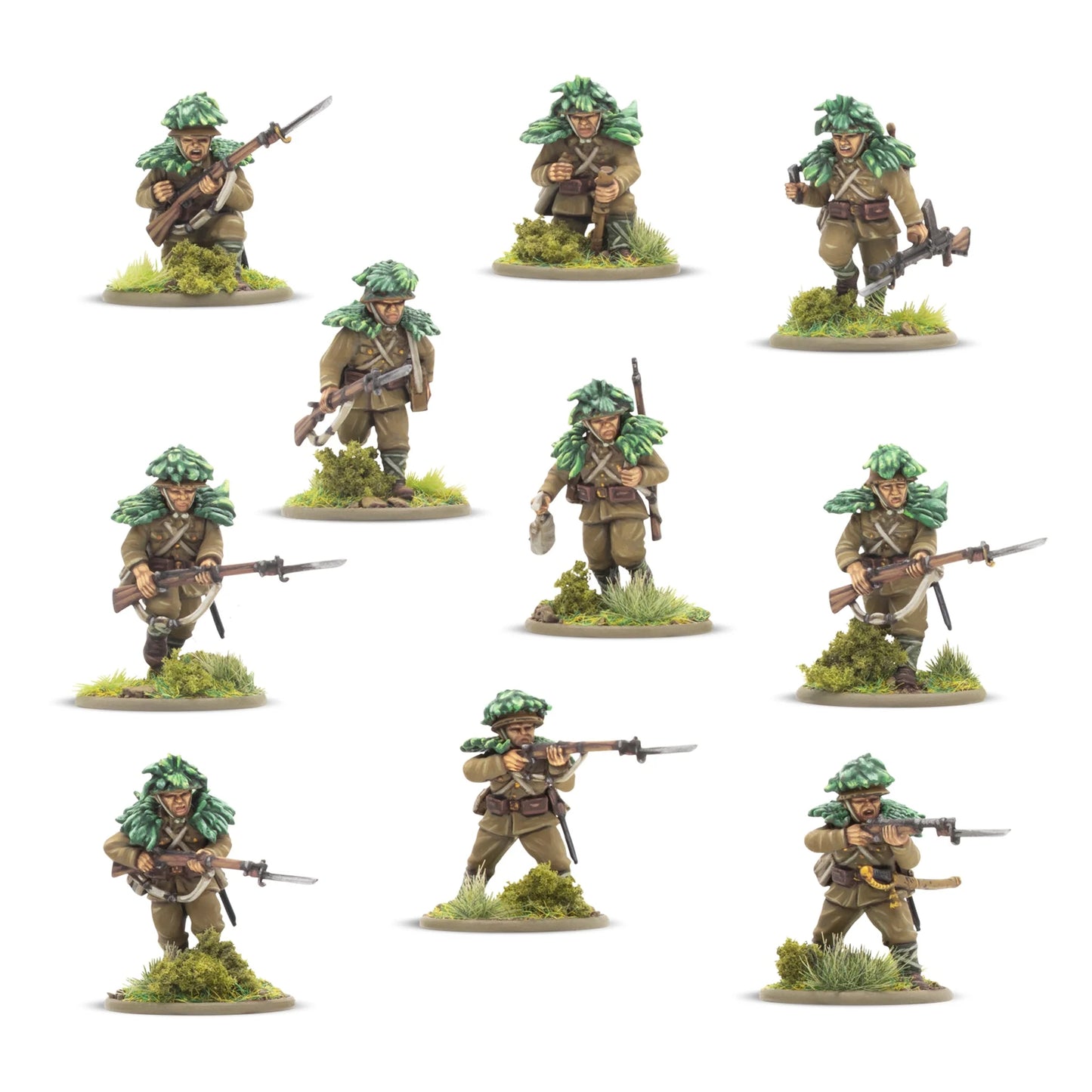 Japanese Army Infantry Platoon – 10 figurek Jungle Fighters z kamuflażem liściastym: strzelcy z Arisaka i bagnetem, oficer z pistoletem, grenadier, skala 1/56 28mm Bolt Action
