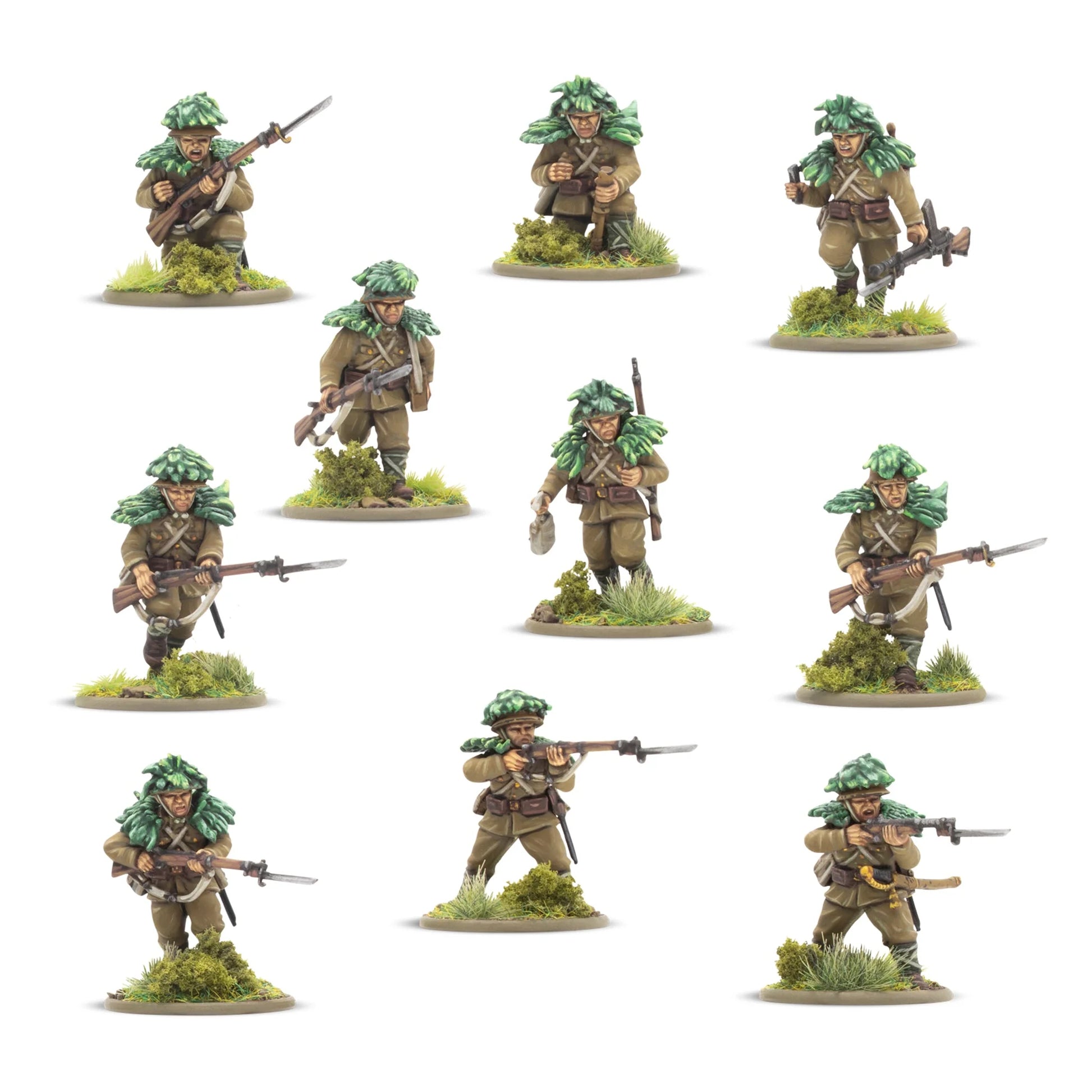 Japanese Army Infantry Platoon – 10 figurek Jungle Fighters z kamuflażem liściastym: strzelcy z Arisaka i bagnetem, oficer z pistoletem, grenadier, skala 1/56 28mm Bolt Action
