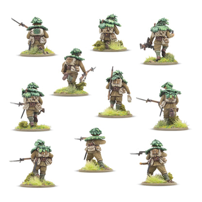 Japanese Army Infantry Platoon – 10 figurek Jungle Fighters z tyłu: kamuflaż liściasty, plecaki, ekwipunek polowy, karabiny Arisaka z bagnetem, skala 1/56 28mm Bolt Action
