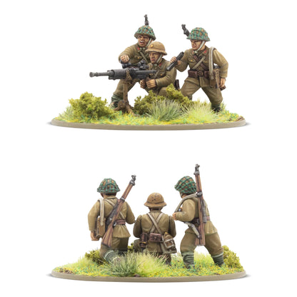 Japanese Army Infantry Platoon – 3-osobowy zespół Type 92 MMG: strzelec przy ciężkim karabinie maszynowym, ładowniczy, dowódca z hełmem z kamuflażem, podstawka 60mm, skala 28mm
