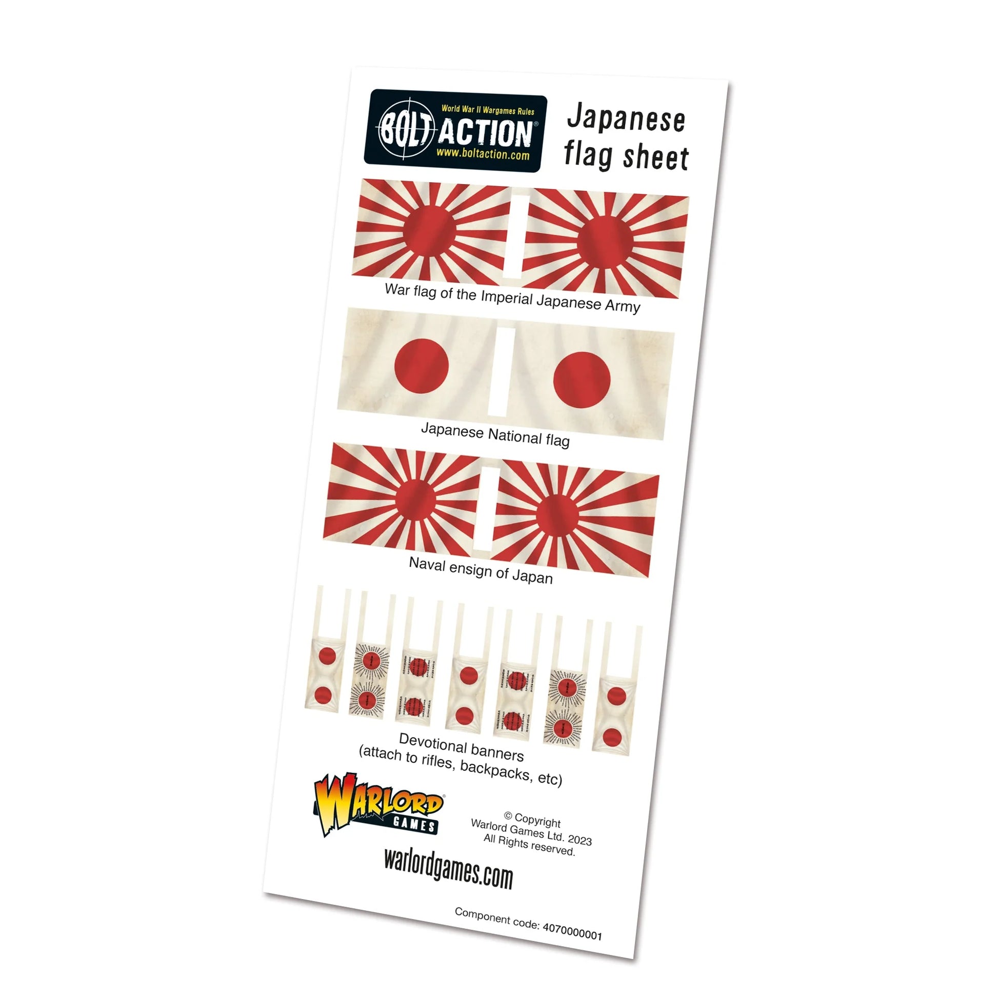 Japanese Army Infantry Platoon – arkusz flag Bolt Action: flaga wojenna IJA (Wschodzące Słońce), flaga narodowa Japonii, bandera marynarki, proporczyki dewocyjne do karabinów i plecaków
