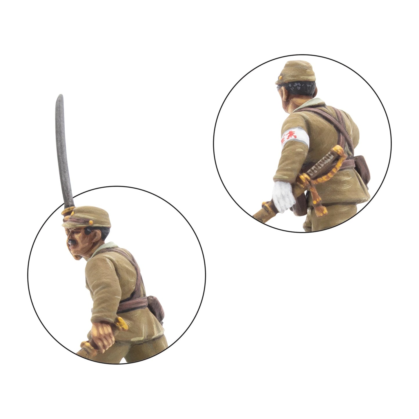 Japanese Army Infantry Platoon – detal oficera IJA: twarz z hachimaki, katana uniesiona do szarży (przód); tył oficera z opaską Czerwonego Krzyża i kataną u pasa, skala 28mm
