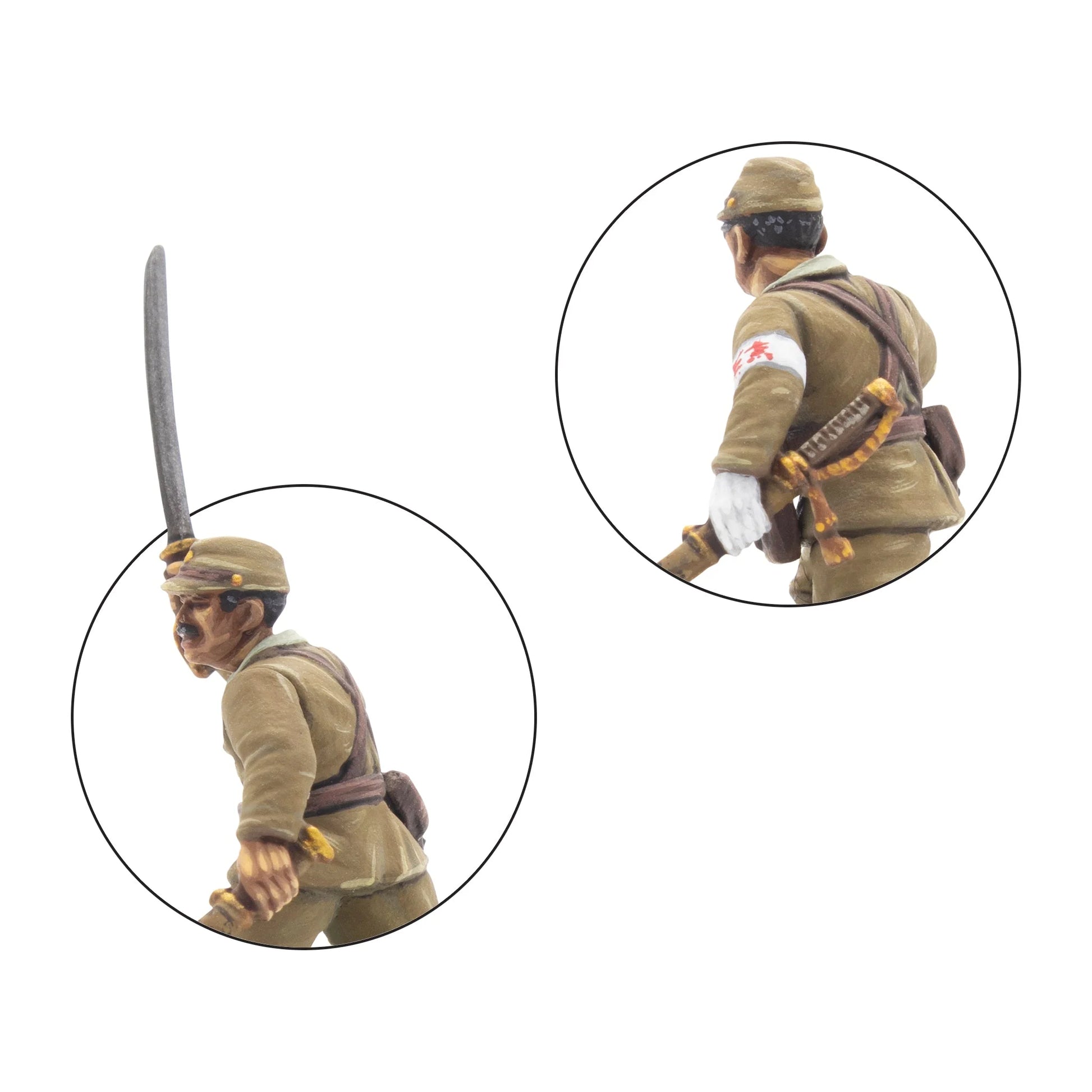 Japanese Army Infantry Platoon – detal oficera IJA: twarz z hachimaki, katana uniesiona do szarży (przód); tył oficera z opaską Czerwonego Krzyża i kataną u pasa, skala 28mm
