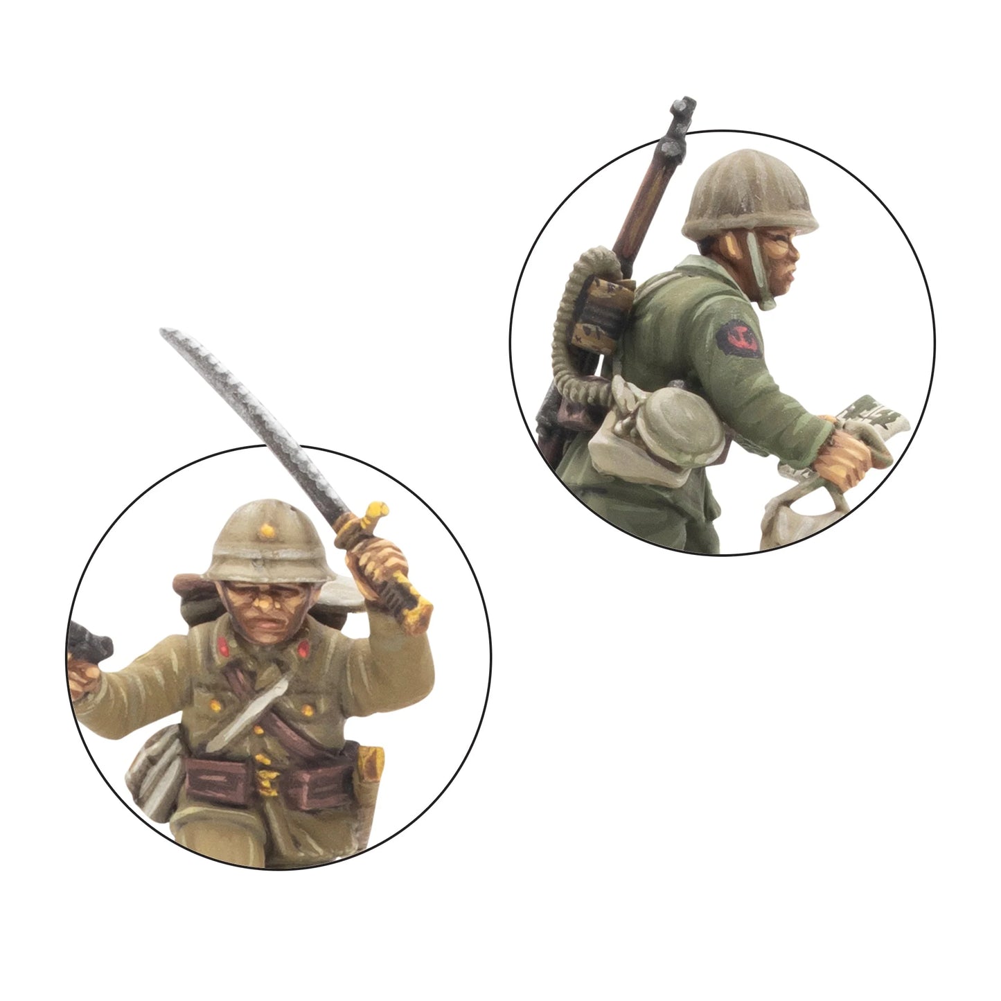 Japanese Army Infantry Platoon – detal oficera IJA z kataną (przód): hełm z gwiazdą, mundur khaki; żołnierz SNLF z miotaczem ognia (tył): zielony mundur, zbiornik na plecach, skala 28mm

