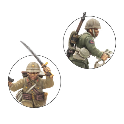 Japanese Army Infantry Platoon – detal oficera IJA z kataną (przód): hełm z gwiazdą, mundur khaki; żołnierz SNLF z miotaczem ognia (tył): zielony mundur, zbiornik na plecach, skala 28mm
