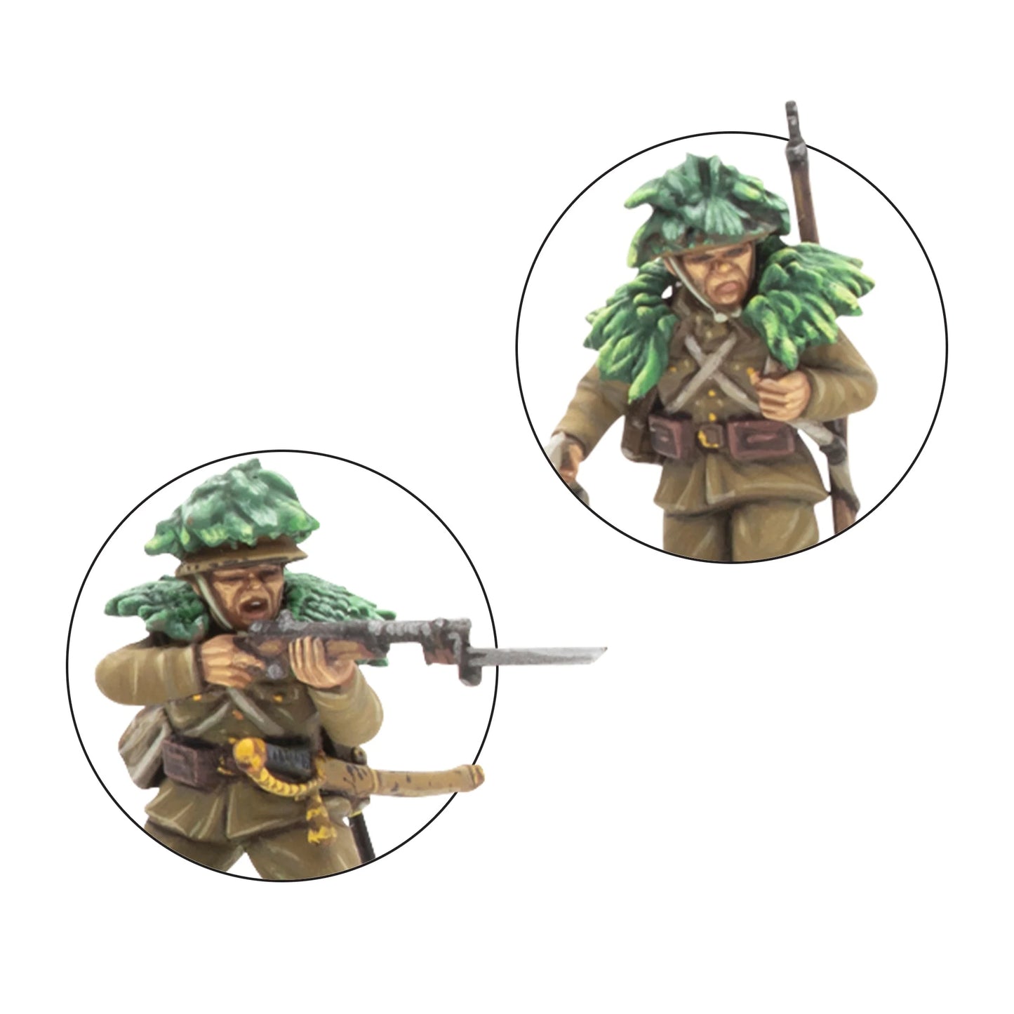 Japanese Army Infantry Platoon – detal Jungle Fighter: strzelec z karabinem Arisaka i bagnetem, kamuflaż liściasty na hełmie (przód); żołnierz z Arisaka w postawie gotowości, liście na hełmie (tył), skala 28mm
