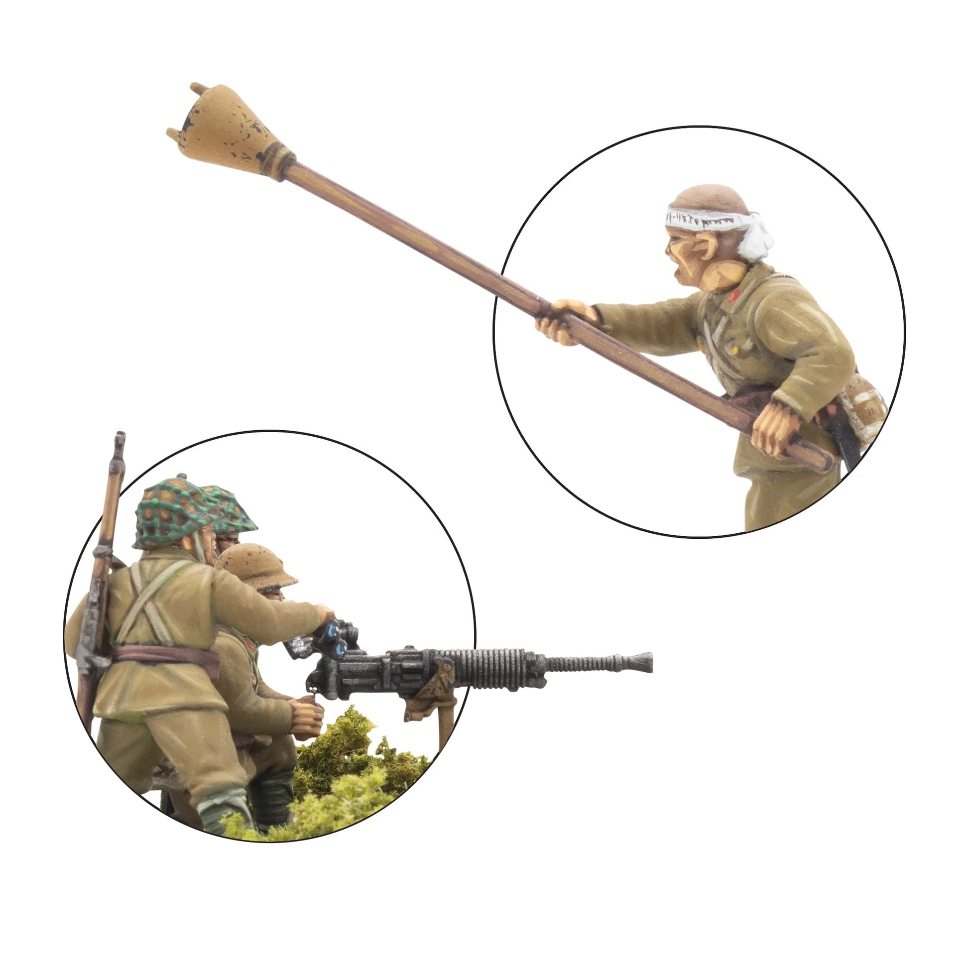 Japanese Army Infantry Platoon – detal żołnierza samobójczego z lunge mine: opaska hachimaki, mundur khaki (góra); zespół Type 92 MMG z tyłu: hełm z kamuflażem, obsługa karabinu maszynowego w okopie, skala 28mm
