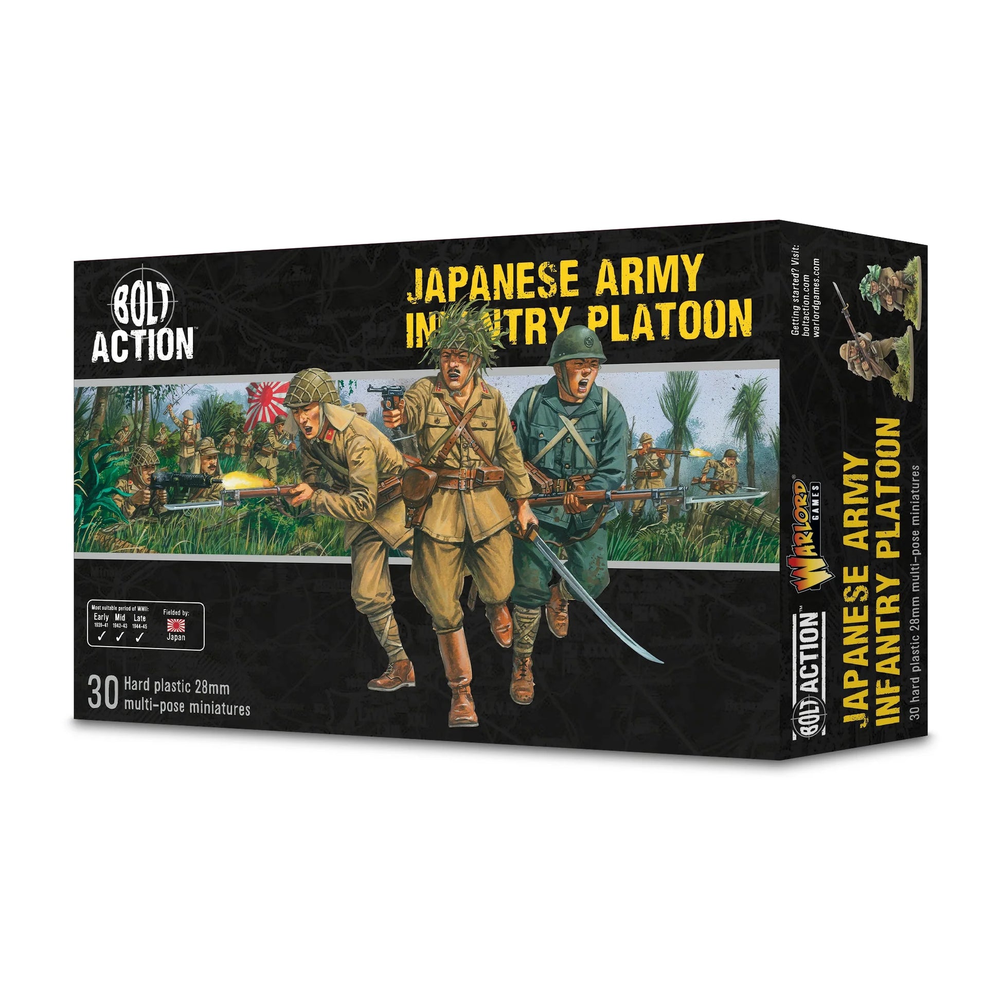 Japanese Army Infantry Platoon – pudełko zestawu Warlord Games: 30 hard plastic 28mm multi-pose miniatures, ilustracja szarżujących żołnierzy IJA i SNLF z kataną, LMG i bagnetami w dżungli
