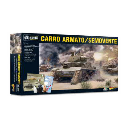 Carro Armato M13/40 / Semovente 75/18 - Bolt Action 28mm - opakowanie produktu z dramatyczną ilustacją: M13/40 w kamuflaż pustynny na Pustyni Zachodniej w eksplozjach i dymie - zawiera karty statystyk, kalkomanie włoskie/niemieckie/australijskie, markery uszkodzeń - Warlord Games & Italeri