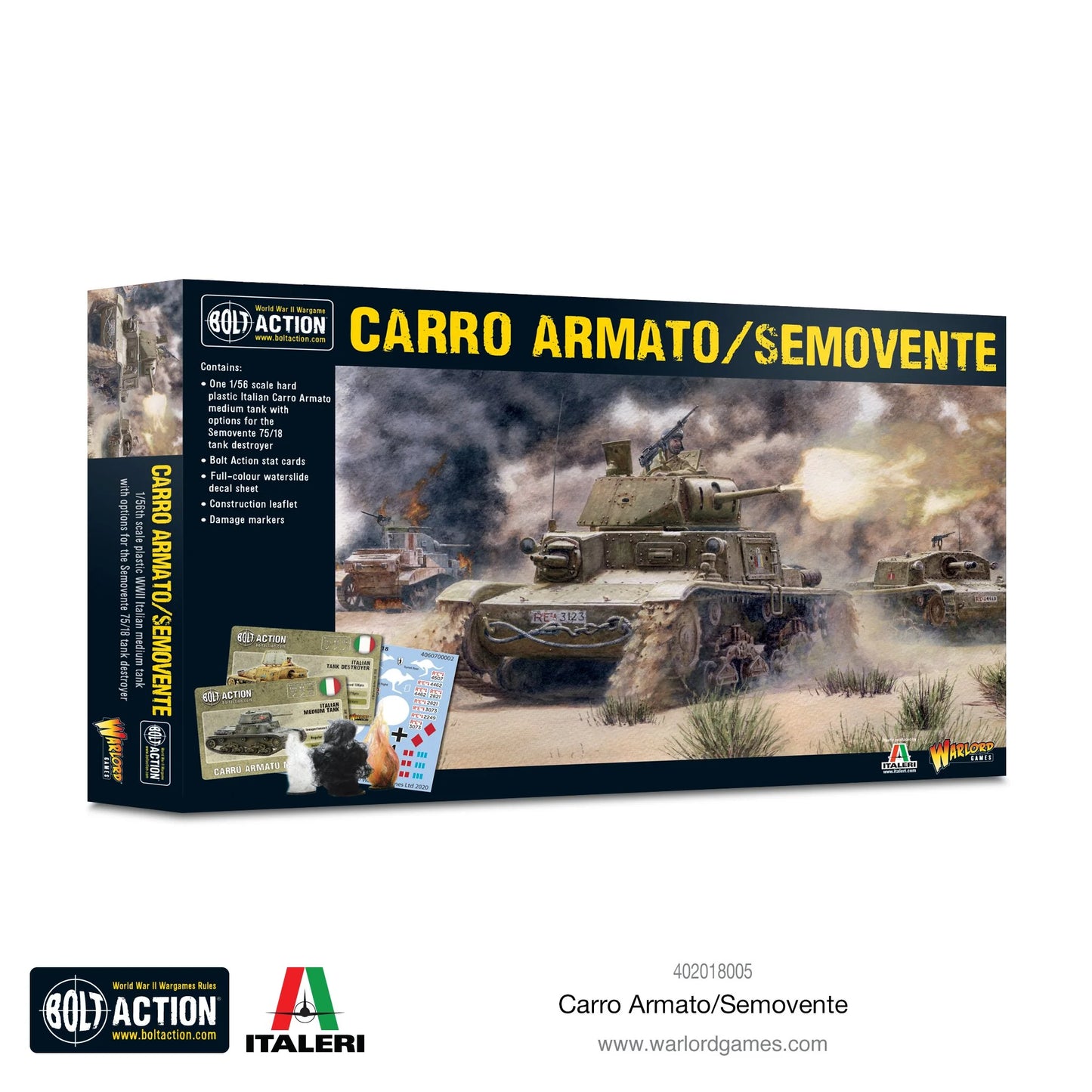 Carro Armato M13/40 / Semovente 75/18 - Bolt Action 28mm - opakowanie produktu z dramatyczną ilustacją: M13/40 w kamuflaż pustynny na Pustyni Zachodniej w eksplozjach i dymie - zawiera karty statystyk, kalkomanie włoskie/niemieckie/australijskie, markery uszkodzeń - Warlord Games & Italeri