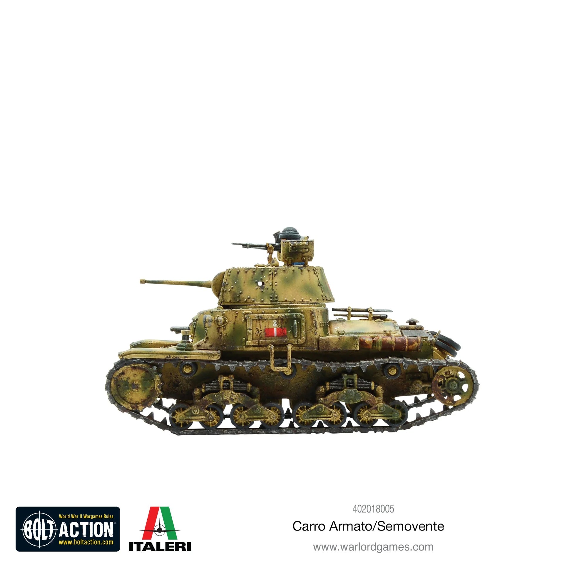  Carro Armato M13/40 - Bolt Action 28mm - pomalowany model widok z boku: czołg średni w kamuflaż trójkolorowy pustynny (khaki, zielony, brązowy) z działem 47mm, karabin maszynowy na wieży, pancerz nitowany, gąsienice - skala 1/56 - Warlord Games & Italeri